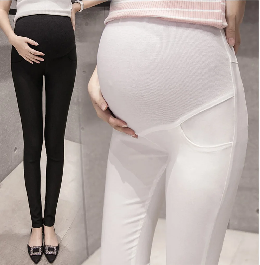 Узкие брюки с высокой талией для беременных черные белые хлопковые Одежда