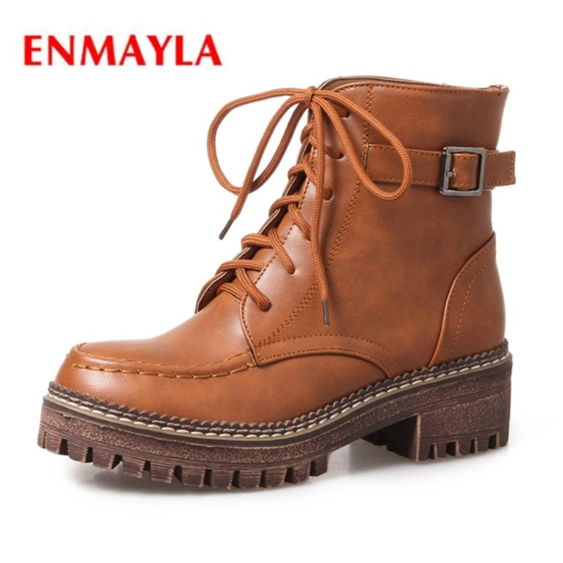 

ENMAYLA 2020 New Arrival women round toe lace up flat with boots lady solid cross-tied ankle boots Big size 34-43 ZYL558