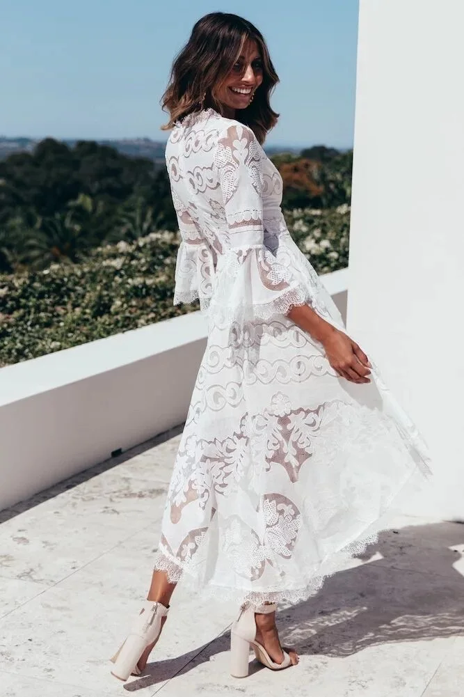 Женское сексуальное кружевное платье с глубоким v образным вырезом белые платья