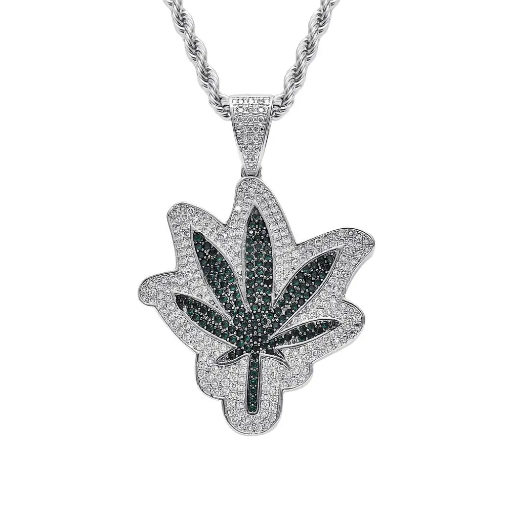 TOPHIPHOP Bling Iced Cubic Zirconia Green Maple Leaf Pendant Necklace Gold Brass Hiphop Jewelry Gifts for Men and Women | Украшения и