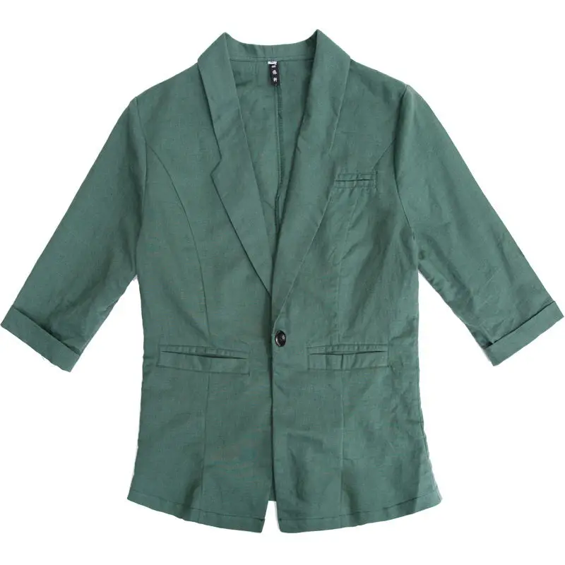 Женский тонкий летний льняной блейзер с отложным воротником и рукавами в 7 точек