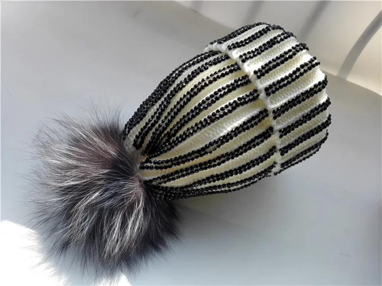 Шапки с помпонами из натурального меха лисы Зимние Повседневные вязаные шапки