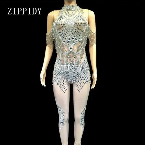 Sexy  Big Crystal  Stretch Bodysuit  Women Singer Dancer Glass Stones  Jumpsuit Costume Outfit Party Nightclub Wear