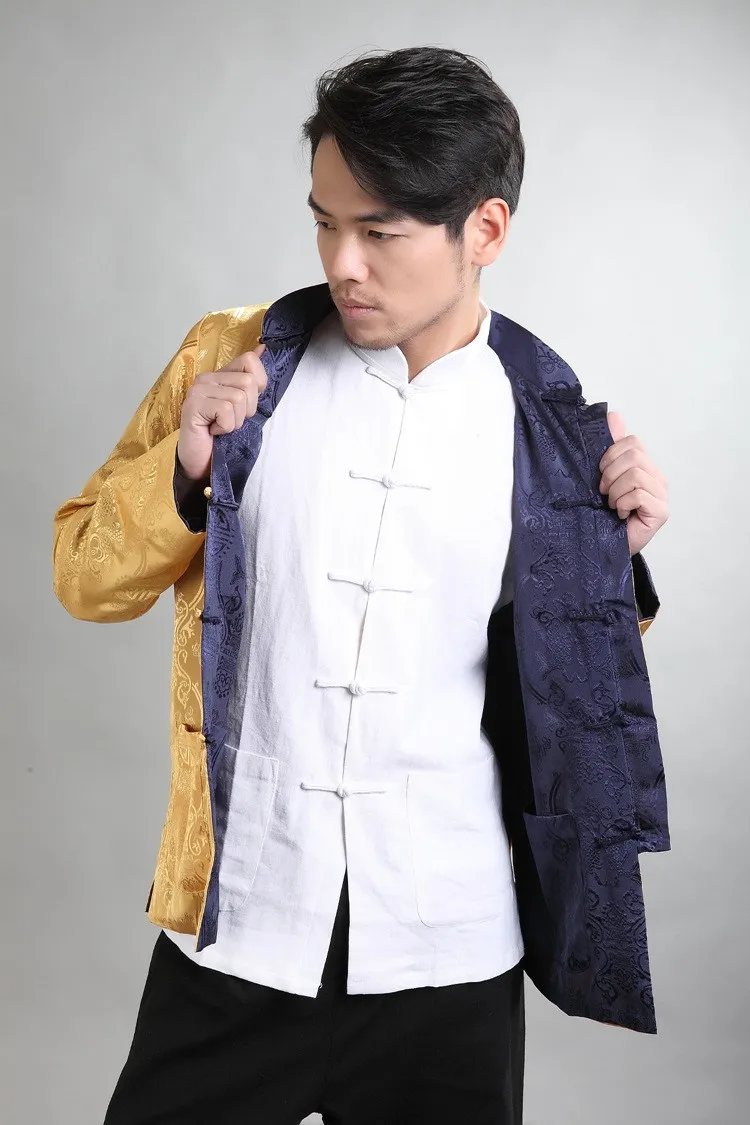 

Blue Gold Chinese Man Reversible Coat Silk Satin Jacket Male Tang Suit Two Sided Overcoat Size M L XL XXL XXXL