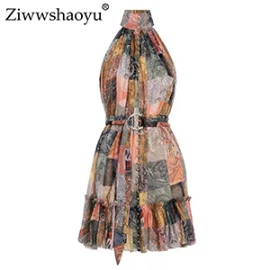 Многоцветный Ziwwshaoyu Sexy с плеча Мини платья стоят печати пояса пляжный отдых платье Весна и лето новые женские - Цвет: Многоцветный