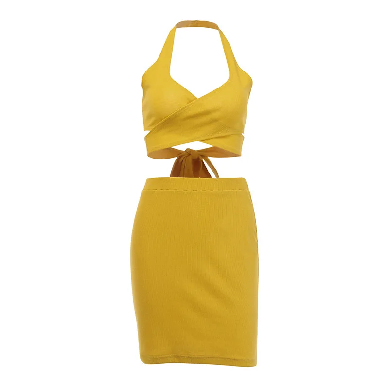 Летний сексуальный вязаный комплект из 2 предметов юбка Женский с лямкой на шее: