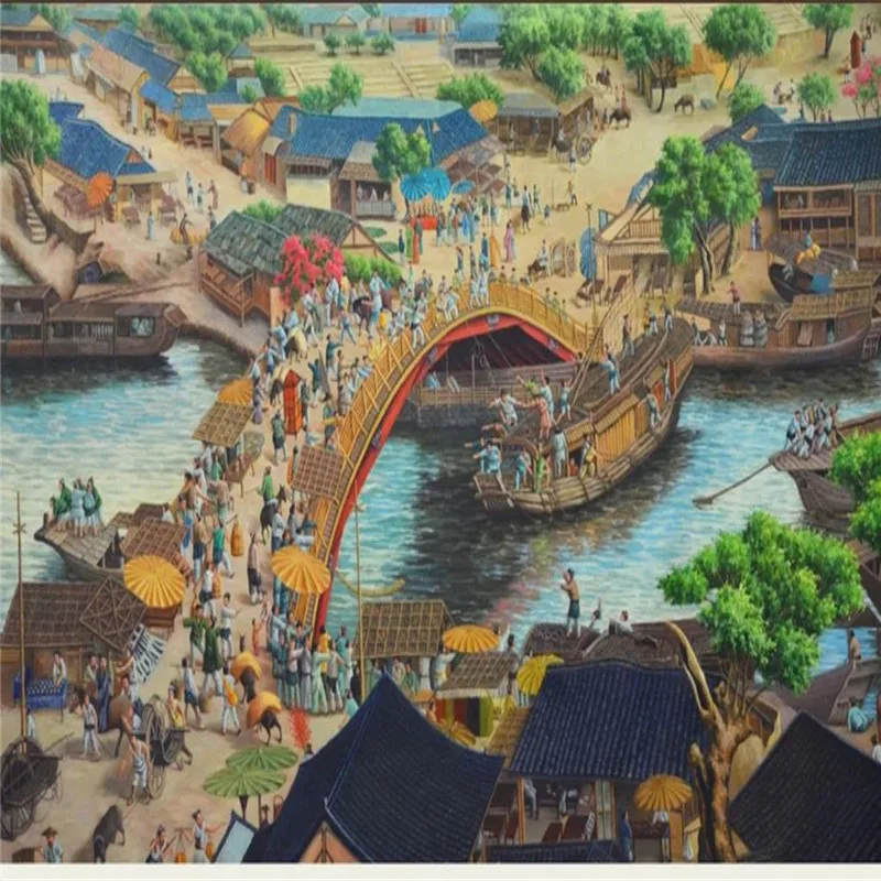 

Custom wallpaper Qingming Shanghe oil painting art background mural background wall decoration painting waterproof material