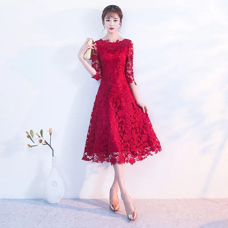 Вышивка красное китайское платье Qipao сексуальная Cheongsam платья Повседневное Для женщин кружева традиционные Вечернее Vestido восточные свадебные туфли