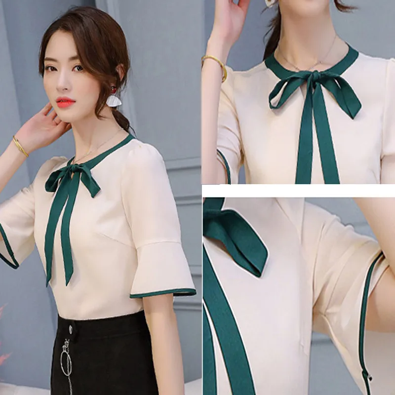 

Korean Fashion Summer Tops Women Chiffon Blouse White Office Lady Blusas Bow Lace Up Flare Sleeve Shirt Casual Streetwear B215