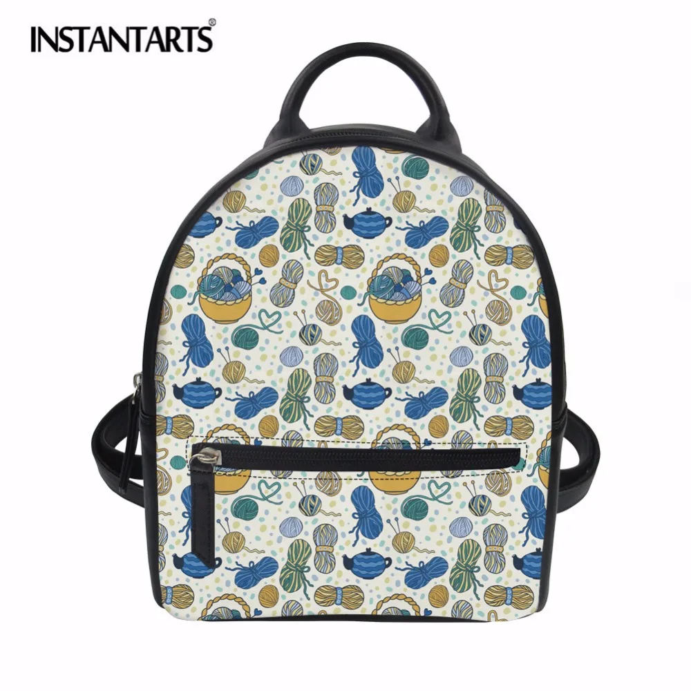 

INSTANTARTS Fashion Mini Women Backpack Cartoon Knitting Lover Design Woman PU Leather Backpacks Female Lady Small School Bag