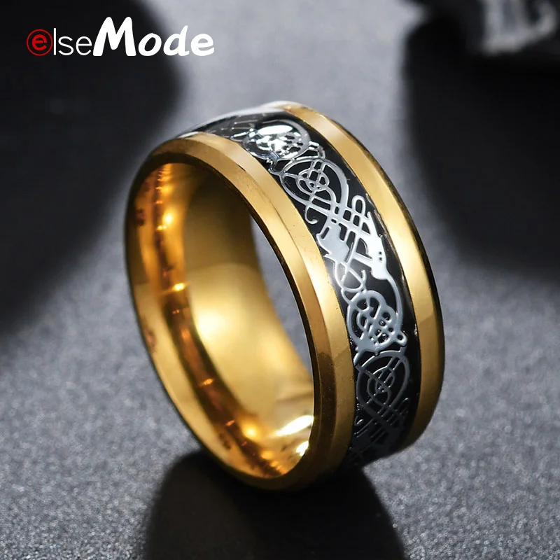Черный ELSEMODE Винтаж 316L нержавеющая сталь дракон кольца 8 мм для мужчин женщин золото серебро черный талисманы влюбленных Прямая - Цвет основного камня: Черный