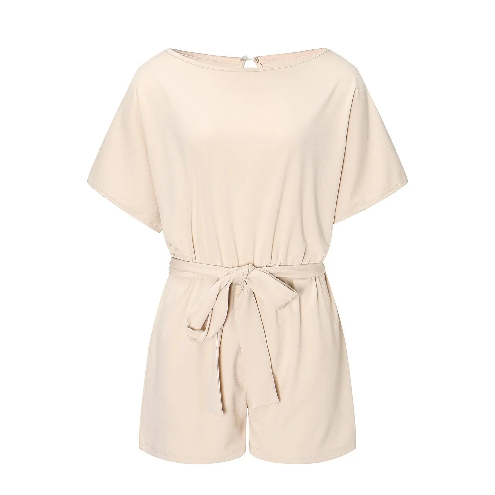 ELSVIOS Casual Playsuit Summer O-neck Short Sleeve Office Lady Romper Fashion Women Sashes Elegant Overalls Solid Beach Jumpsuit | Женская