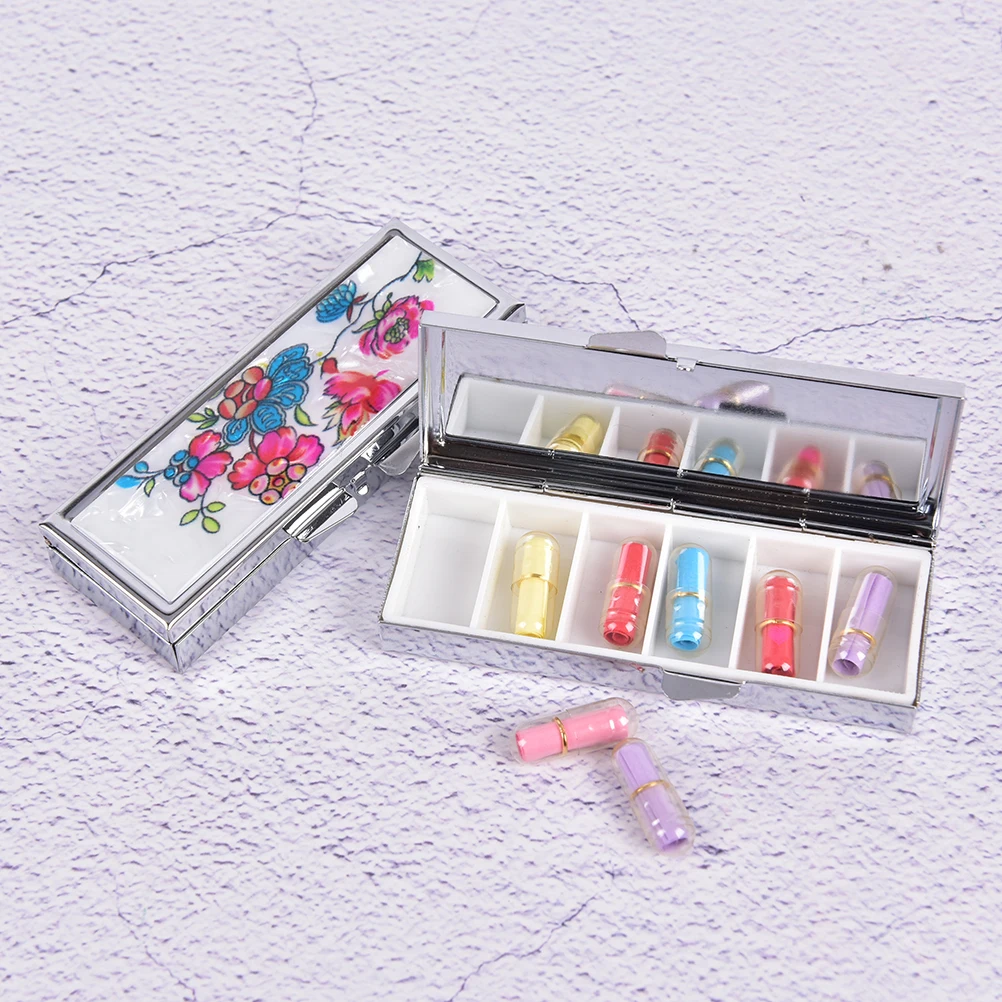 

1PCS New Mini Metal Container Box 6 Slots Floral Print Push Open Pill Cases Organizer 85mm*35mm*15mm