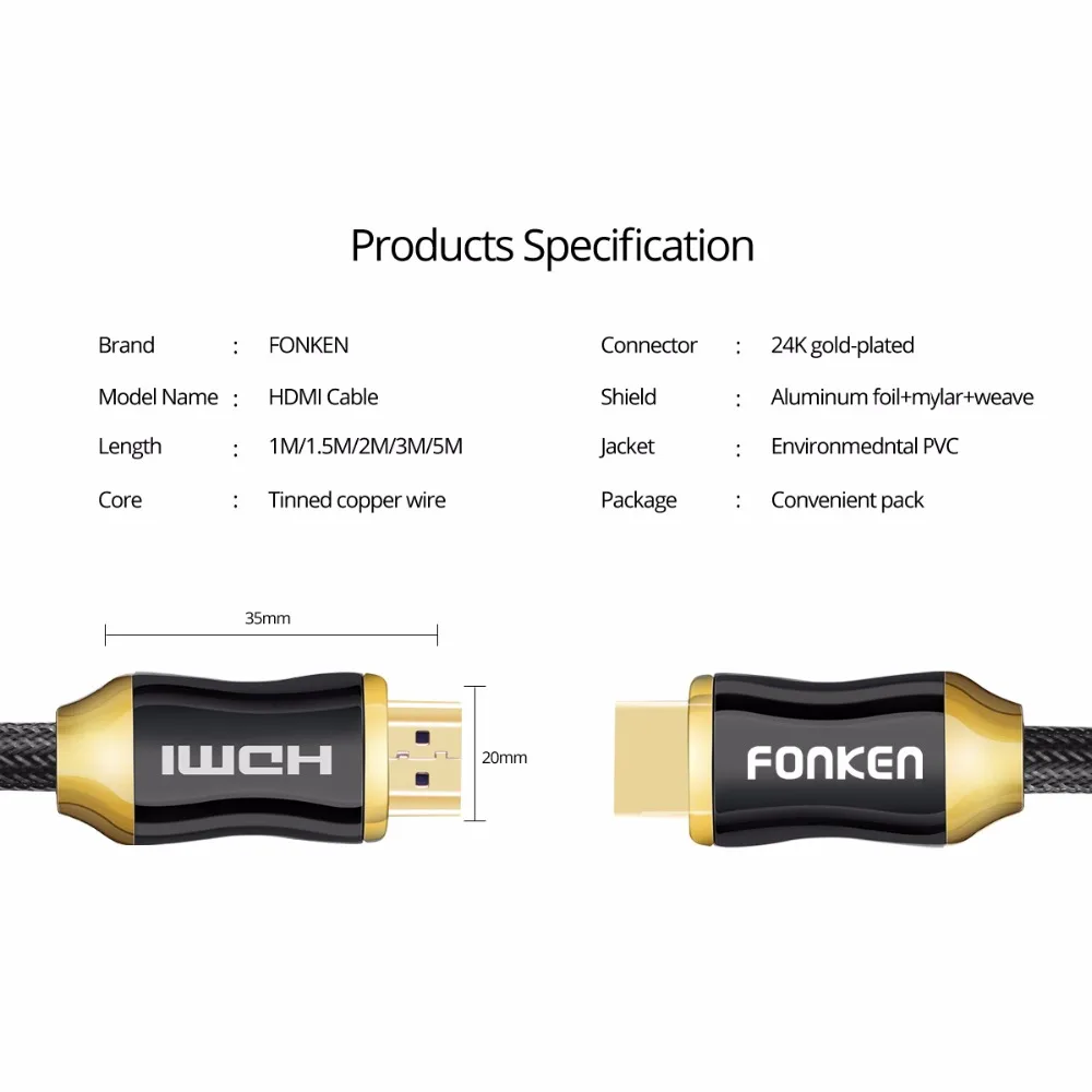 Кабель FONKEN HDMI 2 0 4K 60fps Ultra HD передача позолоченный кабель к нейлоновая оплетка для