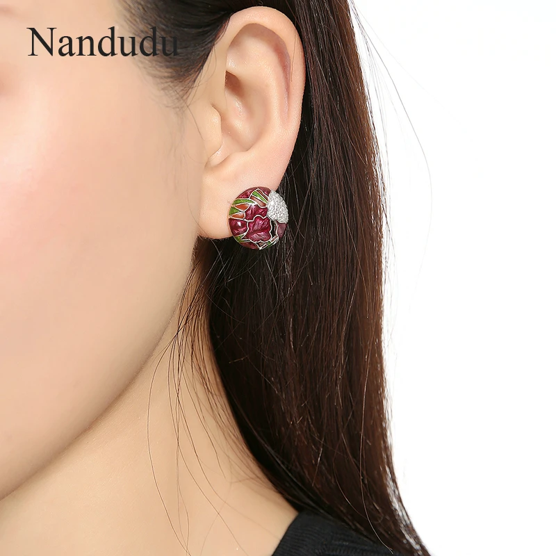 Nandudu, цветные глазурные серьги для женщин, девушек, эмаль, цветок, белый кубический циркон, камень, серьги-гвоздики, модное ювелирное изделие CE355 CE356