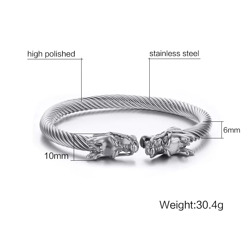 Sliver Meaeguet Эластичный регулируемый браслет из нержавеющей стали 316L с головой дракона для мужчин и женщин, Браслет-манжета с витым кабелем, ювелирные изделия в стиле панк-рок - Окраска металла: Sliver