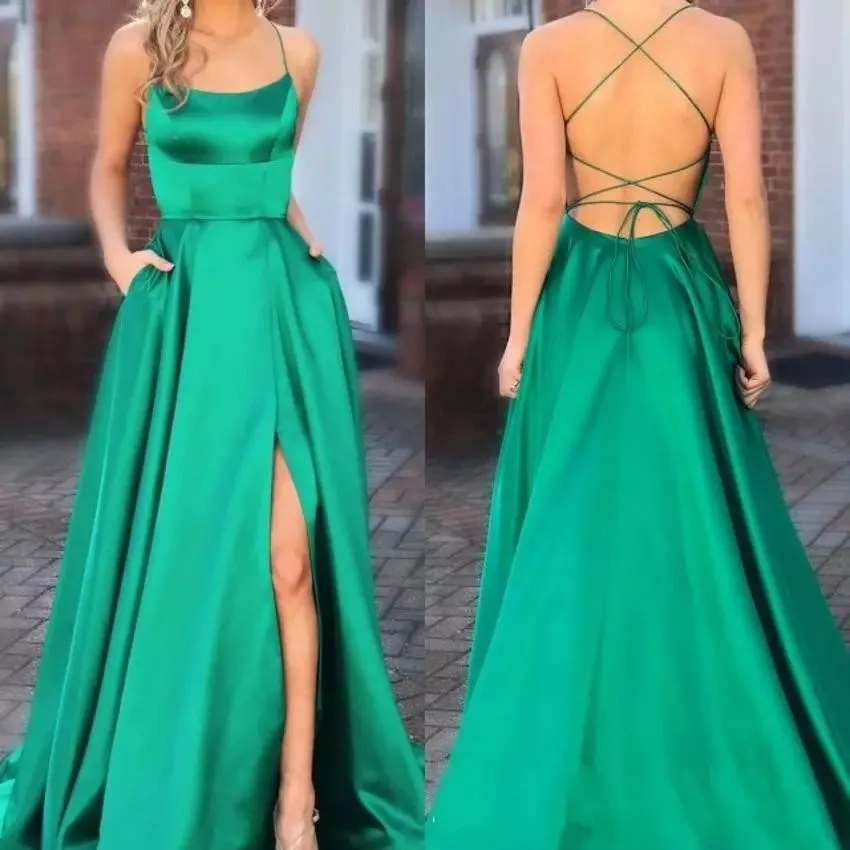Элегантные темно зеленые вечерние платья 2019 длинные на бретелях спагетти для
