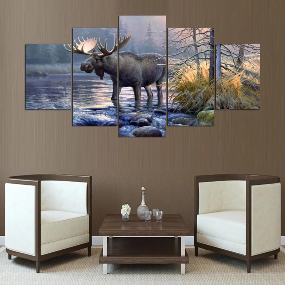Wall Art рама холст Гостиная абстрактные 5 Панель лося животных озеро пейзаж картины