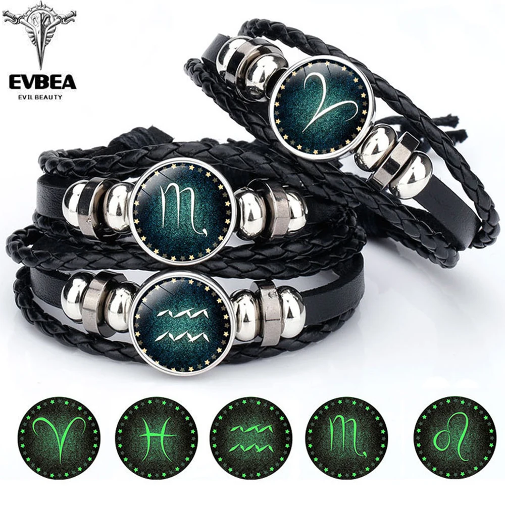 EVBEA Новый 12 Созвездие светящийся браслет мужской кожаный бусина браслеты для