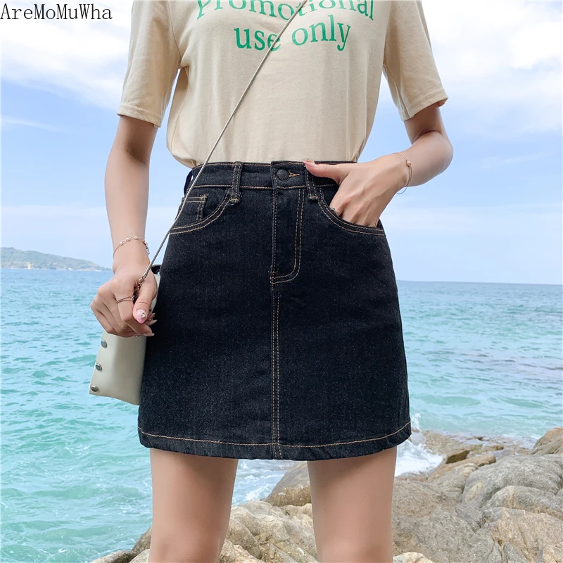 

AreMoMuWha 2019 Summer New Korean students chic high waist denim skirt female large size was thin package hip A word skirt MH405