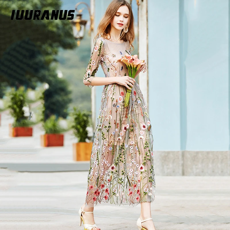 IUURANUS Vintage Embroidery Dresses Floral Bohemian Flower Embroidered 2 Pieces Boho Mesh For Women Evening Party Dresse Женская
