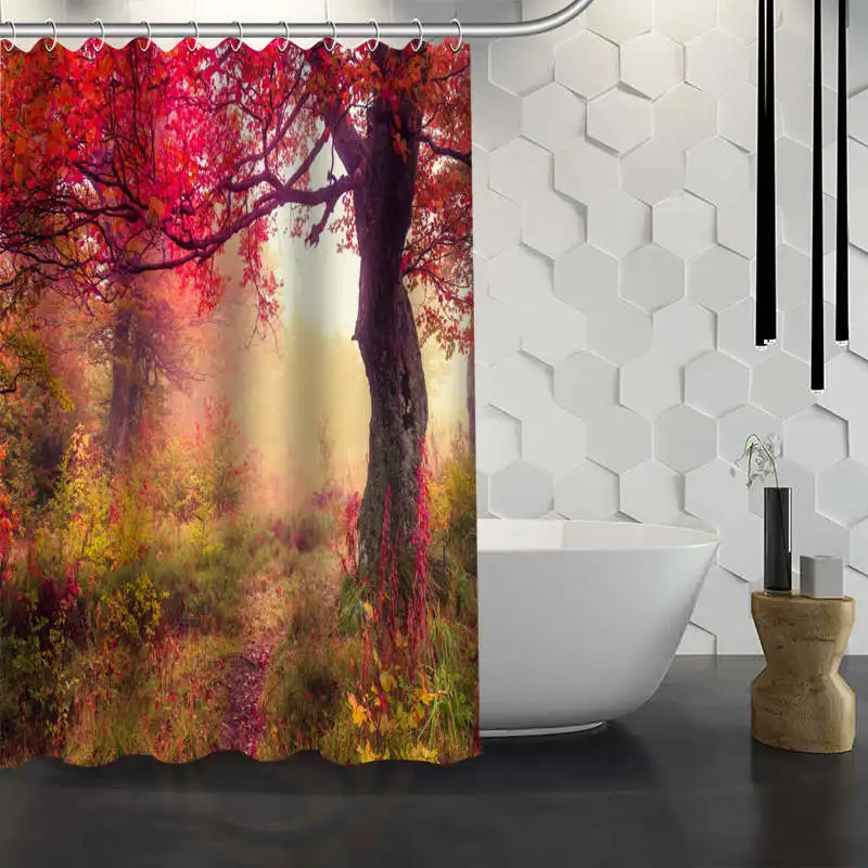 Занавеска для душа с изображением леса осенних деревьев крючками|tree shower curtain|shower