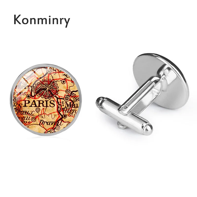 silver Konminry Винтаж Париж, Франция карта Запонки Красный зеленый компас узор Круглый Стекло Подвески Для мужчин рубашка костюм Запонки Свадьба - Окраска металла: silver