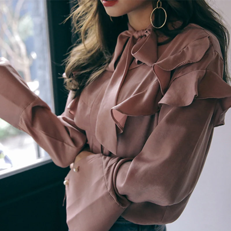 Fashion Stand Collar Bow-belt Ruffles Women Blouses Shirt Full Sleeve Vintage Peplum Tops Summer Blusas femme 2018 |