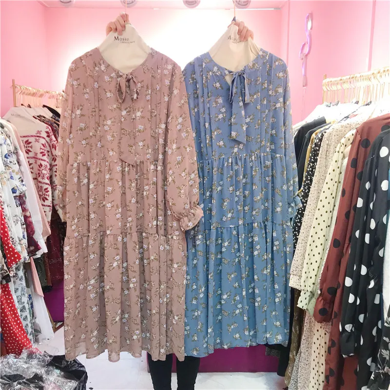 2019 Fashion Korean Mori Girl Casual Chiffon Oversized Bow Lace Up Neck Spring Floral Print Ruffle Kawaii Midi Beach Dress Women | Женская
