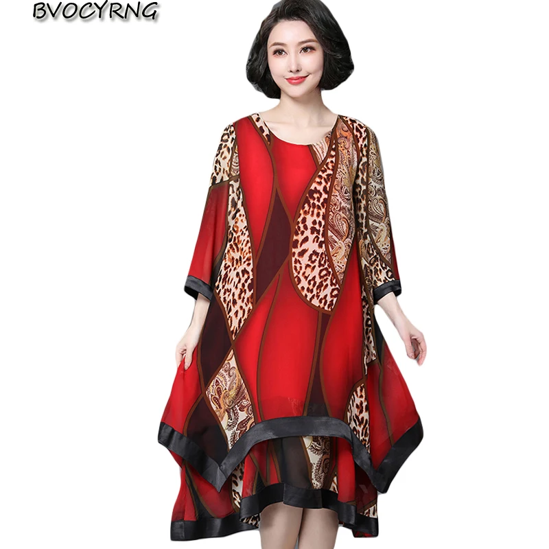 

2019 Women Spring Printed Dresses New Fashion elegance Plus size Dress female middle-aged Long Dress o-neck Loose Tops