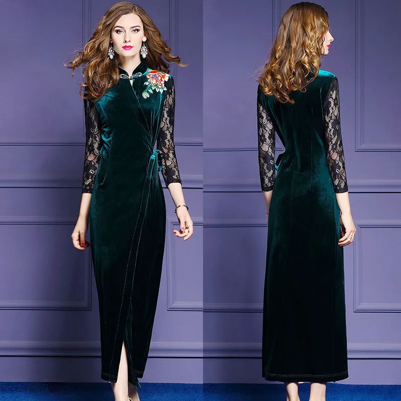Женское кружевное лоскутное платье Qipao зеленое бархатное с вышивкой и рукавом 3/4
