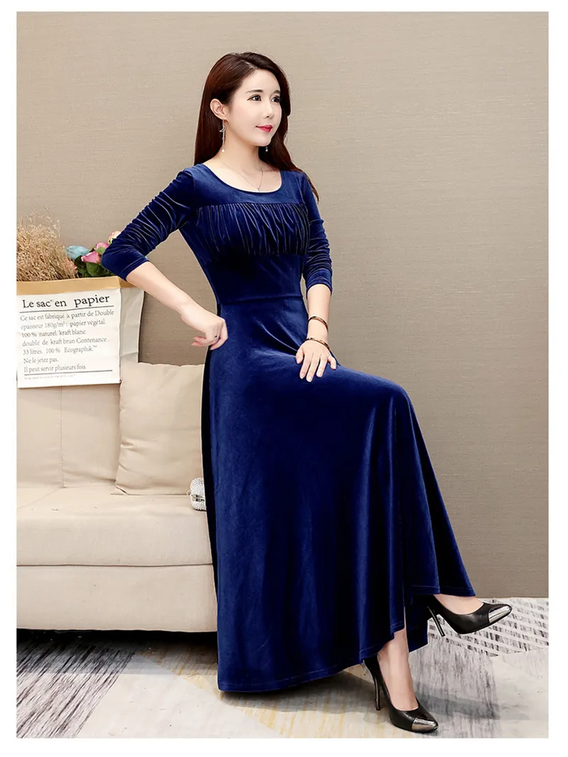 Женское платье с длинным рукавом элегантное Золотое бархатное большого размера