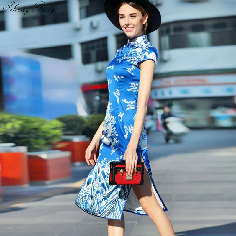 2018 Новое поступление синее китайское женское Ципао стиль Cheongsam традиционное