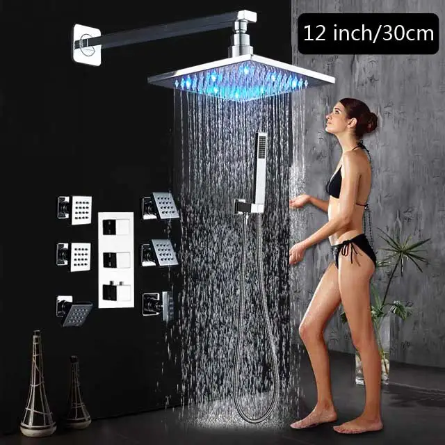 Wall Mount 12 inch Настенный смеситель для душа, кран, светодиодный светильник, дождевой Душ для ванной комнаты, набор для душа, термостатический кран для ванны, душевой кран, массажные струи для тела - Цвет: Wall Mount 12 inch