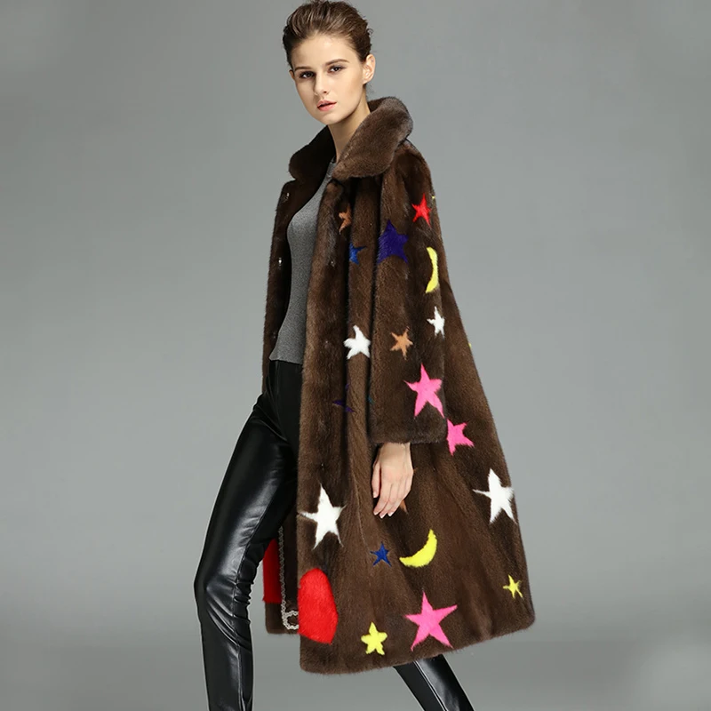 Женская импортная норковая шуба Ftangaiur 2021 повседневная с отложным воротником и