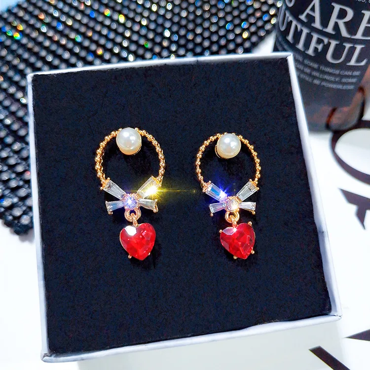 S925 Silver Simple Red Crystal Love Earring Geometry Round Inlaid Pearl For Women Fashion Jewelry 2019 | Украшения и аксессуары