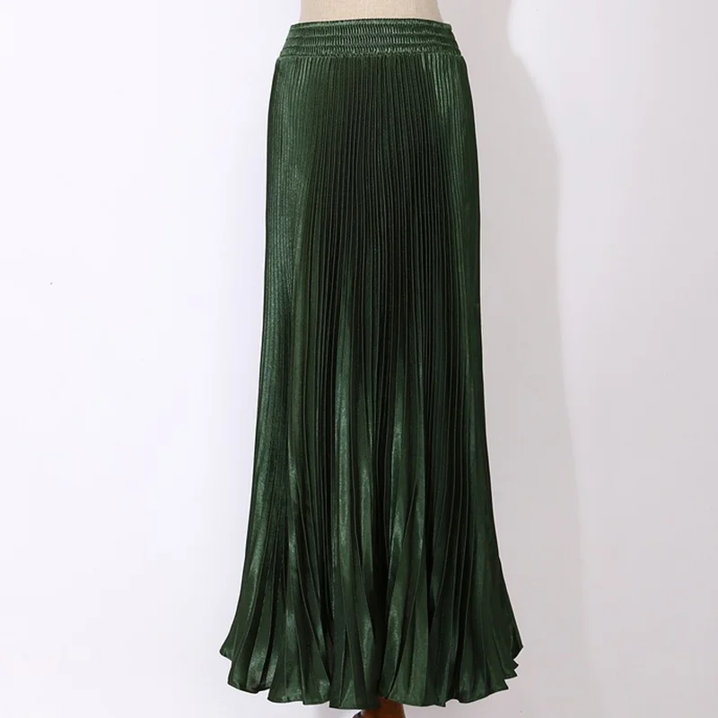 Dark Green Colysmo, винтажные юбки, женские, 80 s, Ретро стиль, высокая талия, длинная, металлическая, плиссированная юбка, зимняя, атласная, макси, юбка, летняя, Saia, миди - Цвет: Dark Green