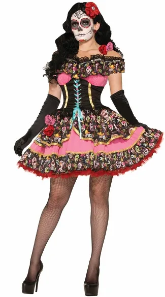 Women Sexy Sugar Skull Flower Fairy Halloween ghost vampire bride Fancy Dress Skeleton day of The Dead Carnival purim Costume |