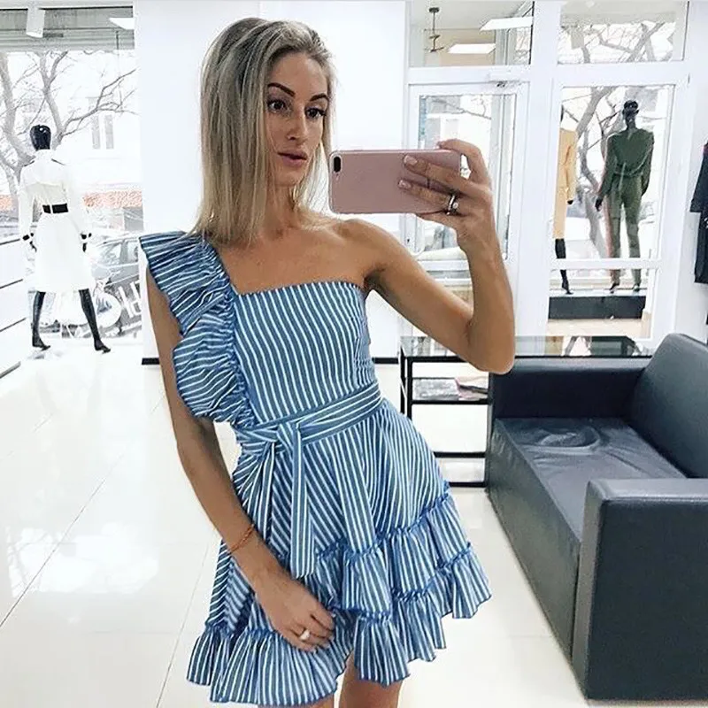 JuneLove Women Dress Vintage Off Shoulder Ruffles Striped Mini With Belt Sexy Casual A-Line Vestidos | Женская одежда