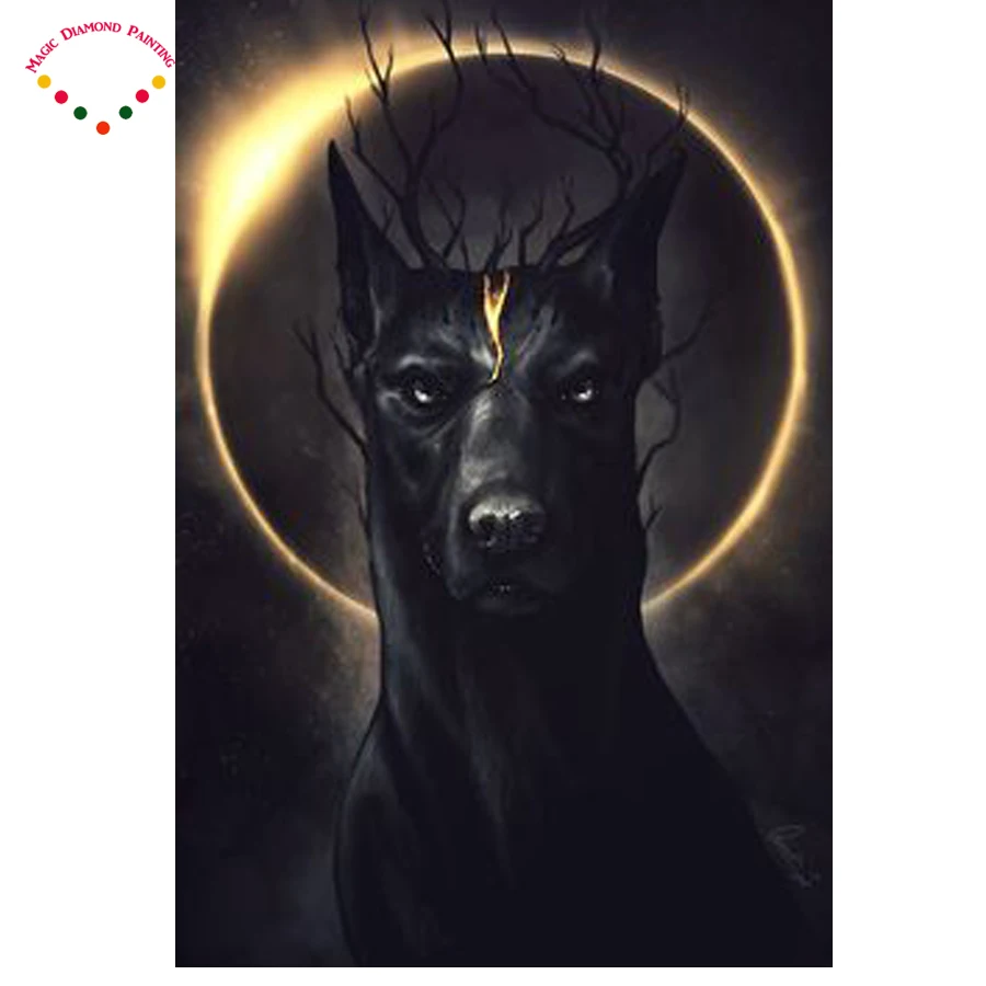DIY Черными песиками огонь картина вышитая бисером Алмазная вышивка круглые