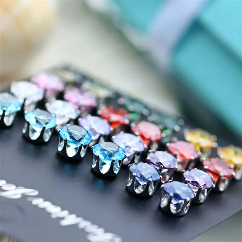 

Korean rainbow color 12 pairs of six-claw-earring hot-selling gifts crystal jewelry men and women fashion trend zircon earrings