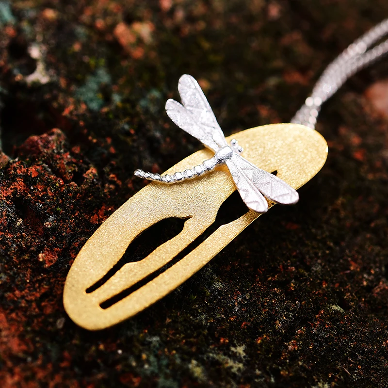 Lotus Fun реальные 925 серебро ручной работы Fine Jewelry листьев и стрекоза дизайн кулон