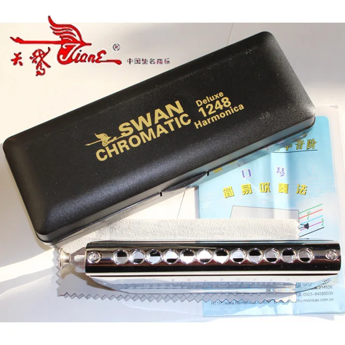 Swan Harmonica sw1248-7 senior 12 chromatic harmonica silver round, Thicker Plate