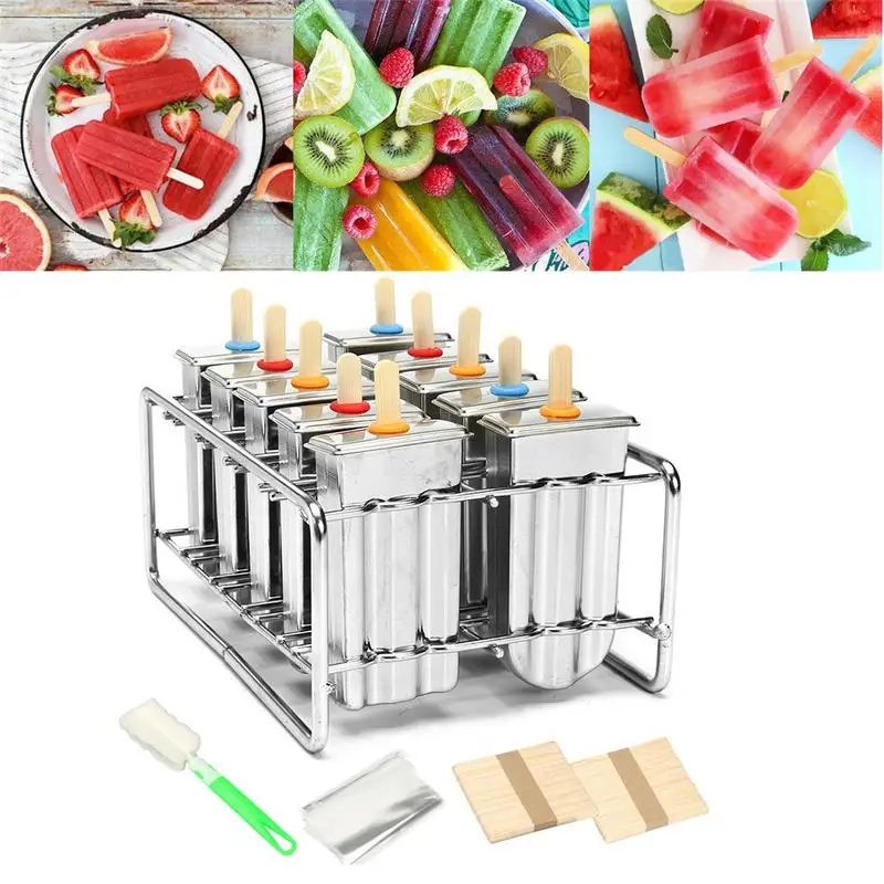 

6/10pcs Frozen Stainless Steel Popsicle Molds Ice Cream Mold Stick Holder Silver Home DIY Ice Cream Moulds Flat Ice Pop Mould