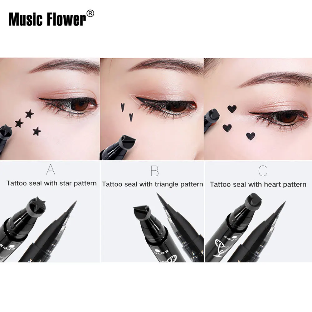 Music Flower зубная щетка с двумя головками и Черная Подводка для глаз+ татуировки уплотнения, карандаш-подводка для глаз, Водонепроницаемый макияж глаз ручка Жидкость со звездой, карандаш-подводка для глаз