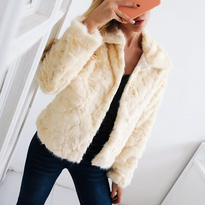 Женское пальто, зимняя теплая куртка с длинным рукавом и отложным воротником, бежевое пальто с мехом, элегантная женская повседневная меховая куртка, верхняя одежда