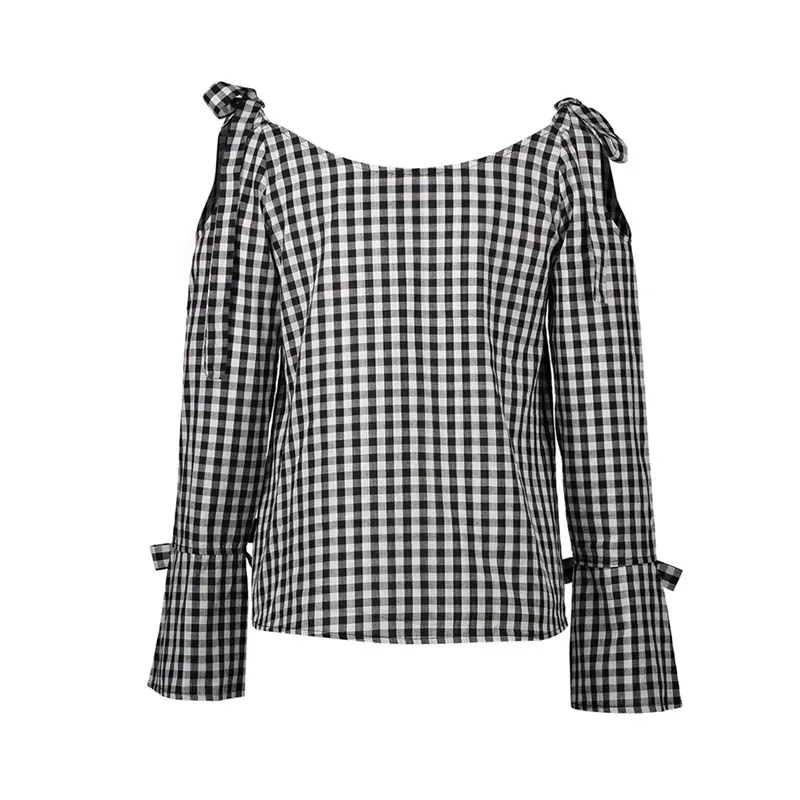 casual cold shoulder long sleeve shirt summer checkered womens tops and blouses plus size plaid shirts chemise femme haut 7511 |