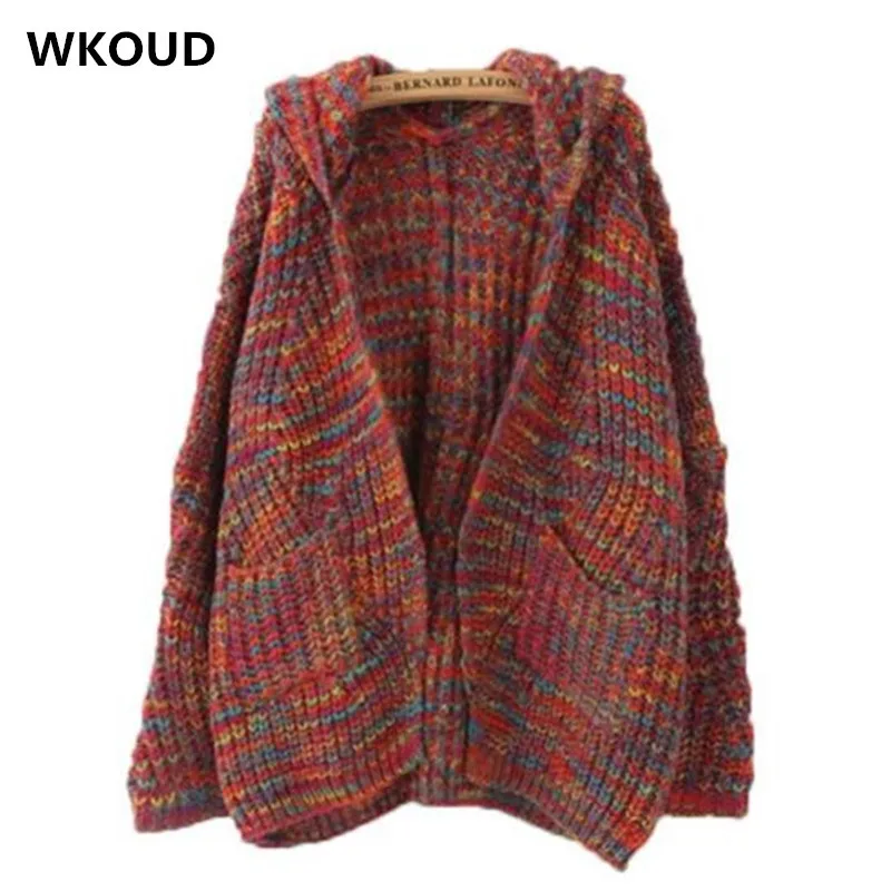 WKOUD 2018 контраст Цвета свитера Для женщин с рукавами летучая мышь вязаный свитер