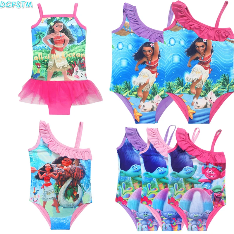 robe fille купальник для девочек Moana vaiana бикини цельная одежда для плавания с бантом детское платье с троллями купальные костюмы biquini