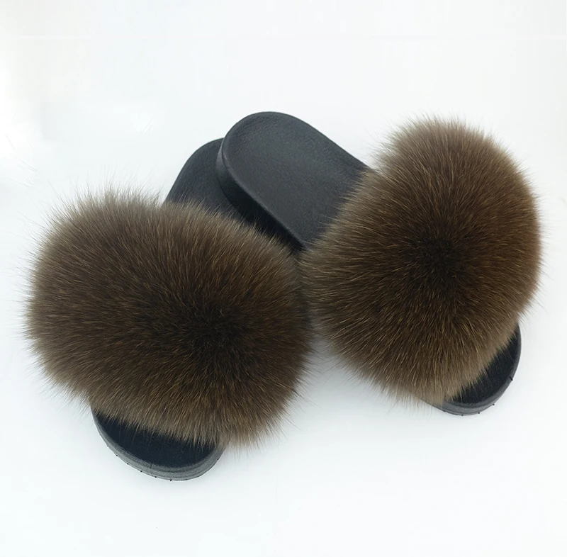 Real fox Fur Slippers Women Home Fluffy Sliders Comfort Furry Summer Flats Sweet Ladies Shoes Female Indoor Flip Flops|Женские